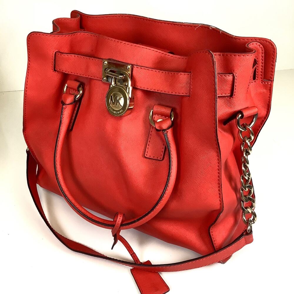 Michael Kors Red Saffiano Leather Hamilton Large Tote Purse Bag Chain Strap